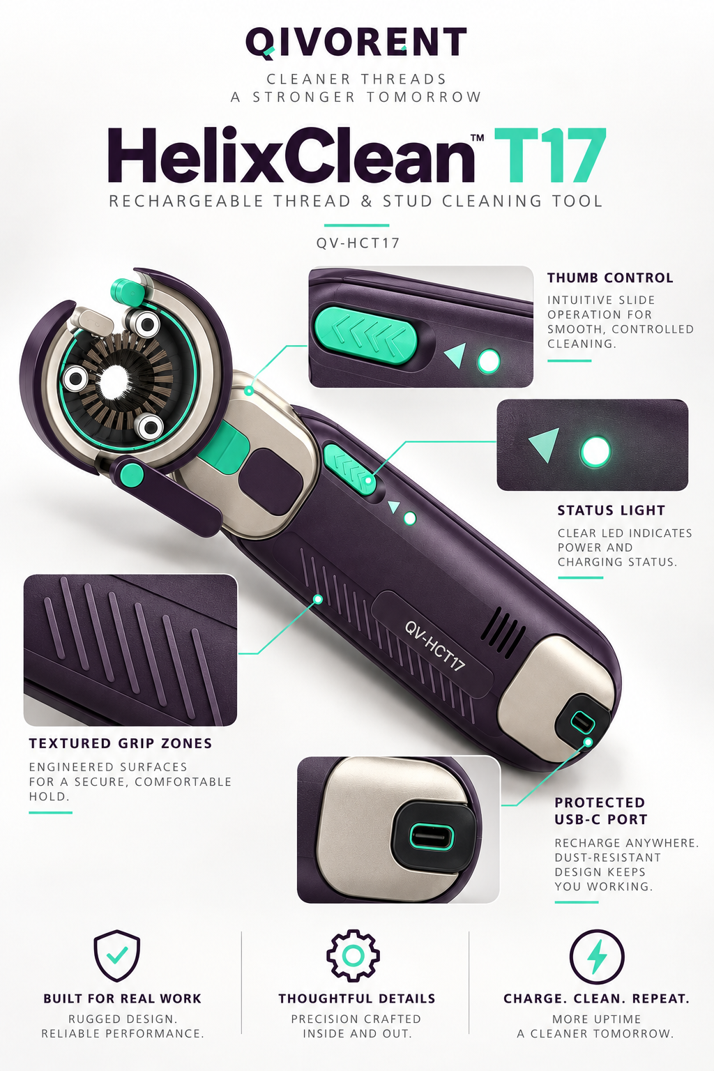 QIVORENT HelixClean T17 Rechargeable Thread & Stud Cleaning Tool detail 3